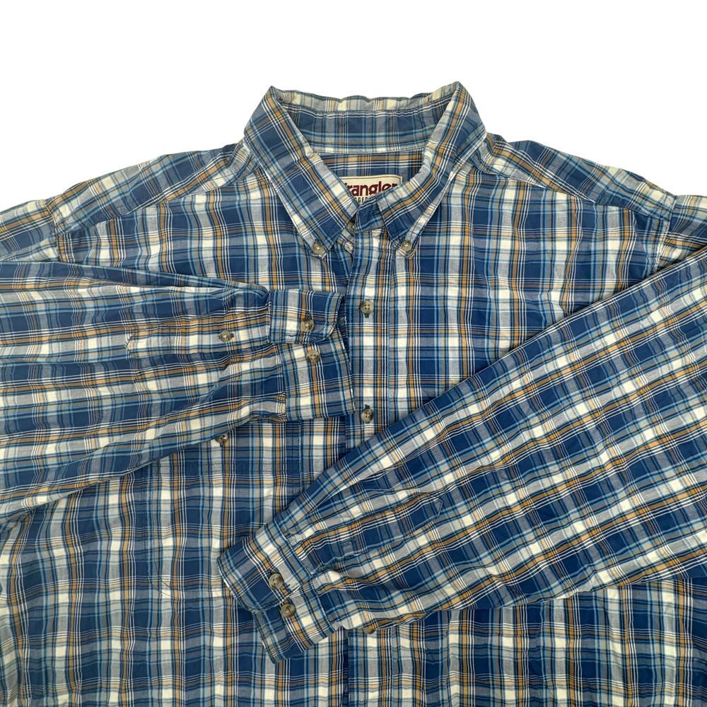 Wrangler Rugged Wear Men's Plaid Button-Up Shirt Wrinkle Resist Blue Yellow XLT